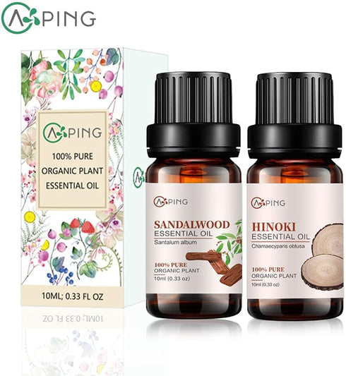 Sandalwood & Hinoki Essential Oils - 100% Pure Organic Natural Plant Oils for Diffuser, Spa, Massage, Yoga, 2x10ML