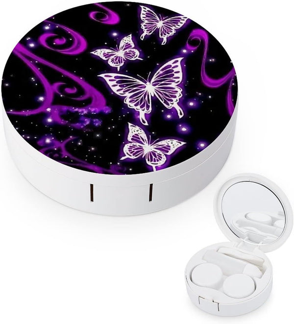 Purple Butterfly Pattern Contact Lens Case Box with Tweezers, Remover Tool, Solution Bottle, and Mirror for Eye Care