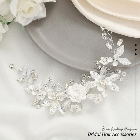 Unicra Silver Flower Bride Wedding Hair Vine Pearl Bridal Hair Piece Rhinestone Headband for Women and Girls