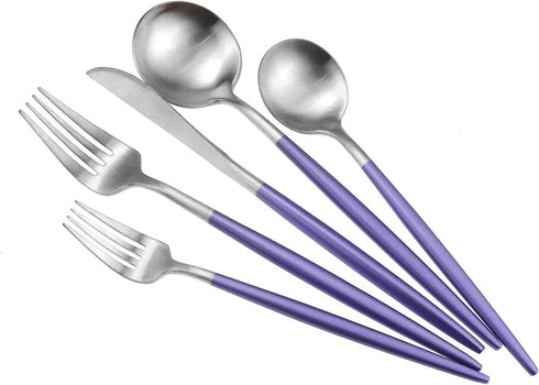 Gugrida Luxury Flatware, Royal 5 Piece Matte Purple Handle 18/10 Stainless Steel Tableware Set for 1, Camping Utensils