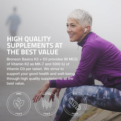 K2 D3 (MK7) D3 5000IU (125 90 K2 MK-7, 360 Bronson Vitamin Supplement Non-GMO Formula Vitamin mcg) & mcg Easy