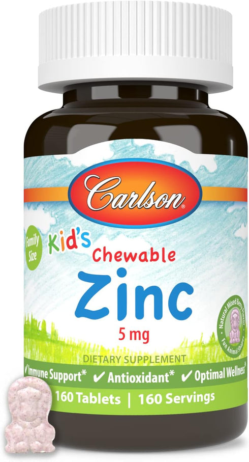 Carlson Kid's Chewable Zinc, 5 mg, Natural Mixed Berry Flavor, 160 Tablets for Health Support