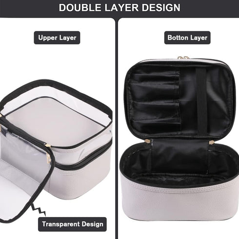 FITINI Double Layer Makeup Bags, Travel Storage Cosmetic Cases, Water-resistant Organizer for Women, Gray