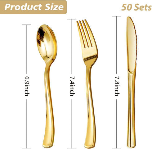 Goodluck 150 Gold Plastic Silverware Set, Disposable Plastic Cutlery of 50 Gold Forks, 50 Gold Spoons, 50 Gold Knives