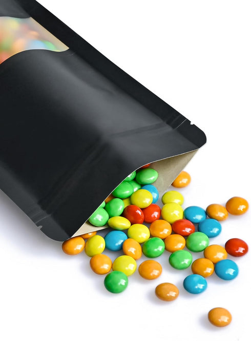 100 Pcs Resealable Bags, 5.5" x 7.9" Stand Up Black Kraft Paper Bags with Matte Window, Zip Lock Storage