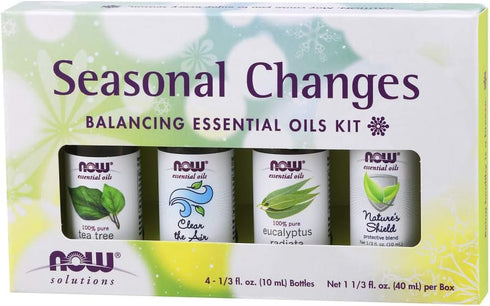NOW Essential Oils Seasonal Changes Aromatherapy Kit, 4x10ml with Tea Tree, Eucalyptus, Clear the Air, Nature’s Shield