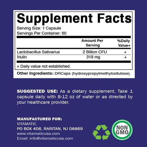Vitamatic Lactobacillus Salivarius, 2 Billion per DR Capsule, 60 Count for Digestive Support