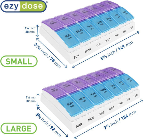 Ezy Dose Weekly AM/PM Pill Organizer, 7-Day Vitamin Box, Small Pop-out Compartments, Blue and Purple Lids