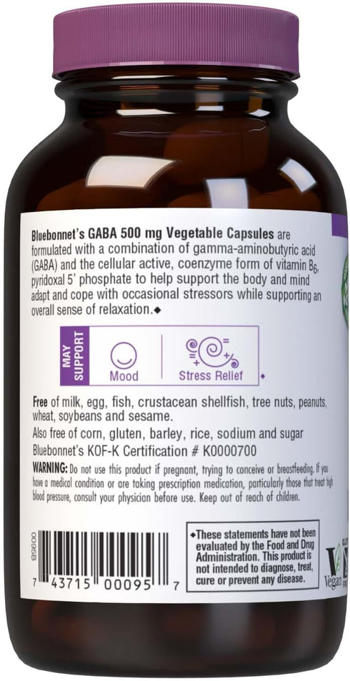 Bluebonnet Nutrition GABA 500mg - 60 Count, for Stress Relief, Kosher, Vegan, Gluten-Free, Non-GMO