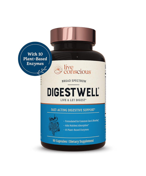 Live Conscious Immediate 90 DigestWell Support - Fast-Acting Digestive Support | Broad Spectrum Enzyme, Probiotic