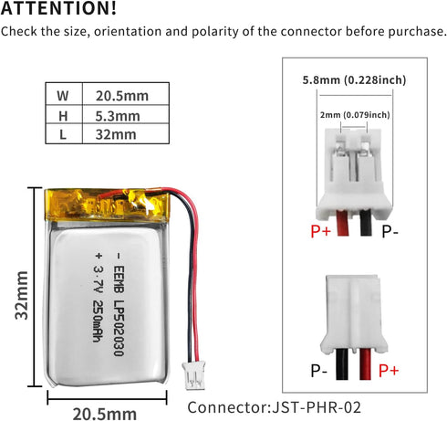 EEMB Lithium Polymer Battery 3.7V 250mAh 502030 Lipo Rechargeable Battery Pack with JST 2.0mm Connector