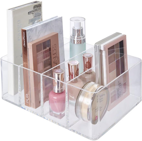 STORi Clear Plastic Organizer with 4 Compartments | Rectangular Makeup Storage Bin | Use Upright for Eyeshadow Palettes