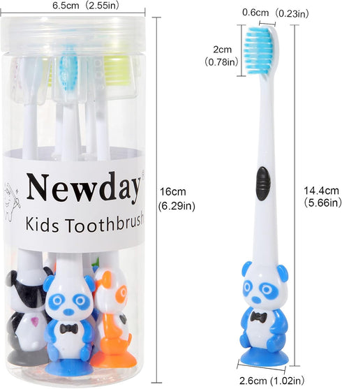Newday Kids Toothbrushes, 6 Pack Set with Soft Bristles and Suction Cup, Includes Travel Covers, Bear Panda Design