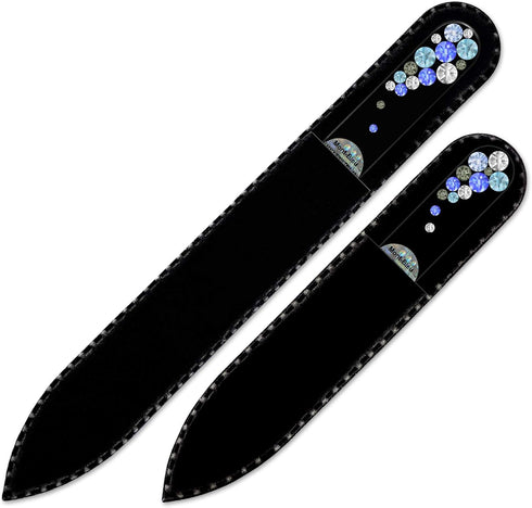 Mont Bleu Premium Set of 2 Glass Nail Files, Hand Decorated with Crystals in Black Velvet Sleeve