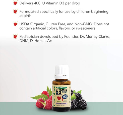 CHILDLIFE Essentials Organic Vitamin D3 Liquid Drops - 0.21 Fl Oz - Natural Berry Flavor, Gluten Free