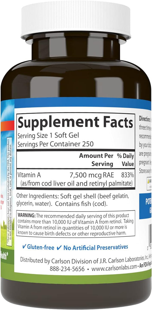 Carlson Vitamin A, 25000 IU (7500 mcg RAE), Immune Support, Vision Health, Antioxidant, 250 Softgels