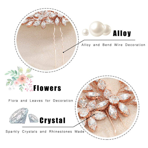 Unicra Wedding Crystal Flower Hair Pins, Decorative Bridal Hair Accessories Pack of 2 (Rose Gold)