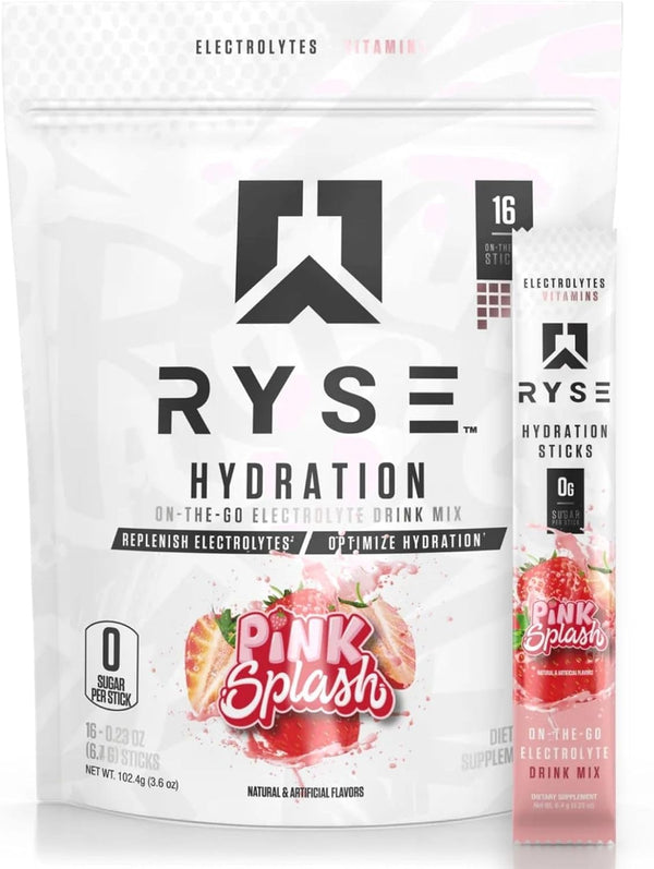 On The Go Electrolyte Drink Mix Packets | Ryse Core Hydration | Zero Sugar | 16 Servings (Pink Splash) with All 6
