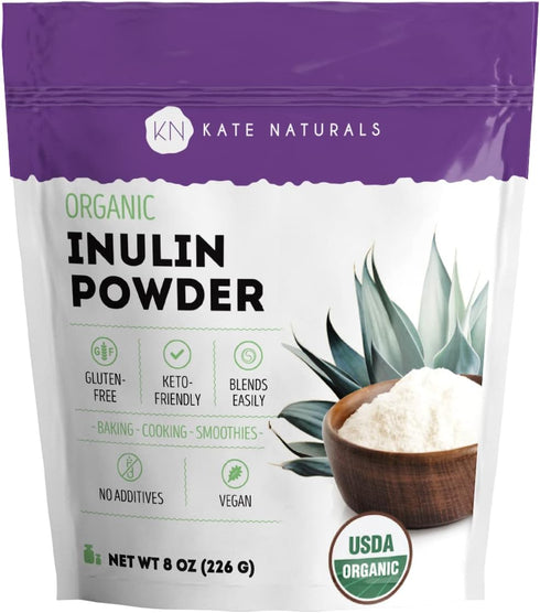 Kate Naturals Inulin Powder Organic for Prebiotic Fiber and Gut Health, 8oz, Organic, Blue Agave