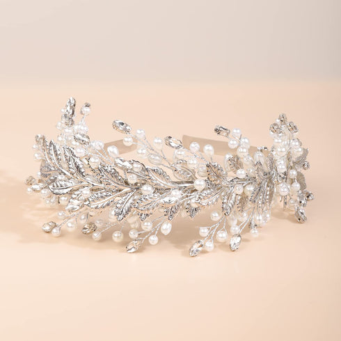 Kercisbeauty Handmade Leaves and Pearls Beaded Silver Hair Tiara for Women Girls Wedding Prom Accessories