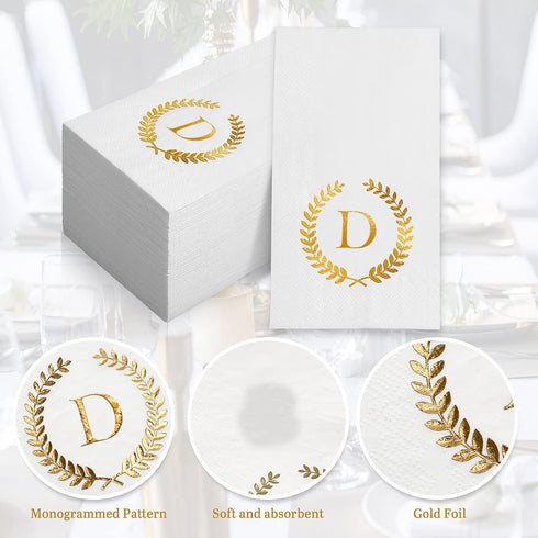 200 Pack Monogrammed Disposable Napkins, Gold Foil Letter D, Initial Hand Paper Towels for Wedding, Party, Home