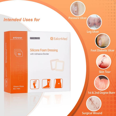 EalionMed Silicone Foam Dressing with Gentle Adhesive Border, 4''x4'', 10 Pack for Bed Sore Wound Bandage