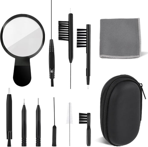WXJ13 Hearing Aid Cleaning Kit, 13 Pieces with Nylon Brushes, Magnifier, Ventilation Rod, Screwdriver, Case for