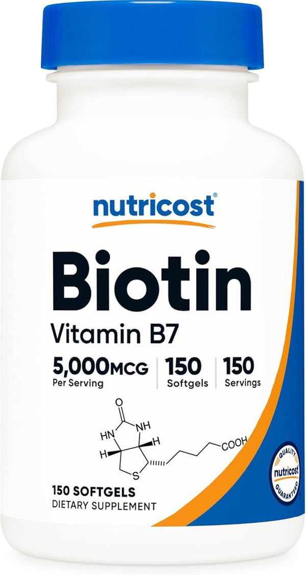 Nutricost Biotin (5,000mcg) in Coconut Oil, 150 Softgels - Vitamin B7, Gluten Free, Non-GMO