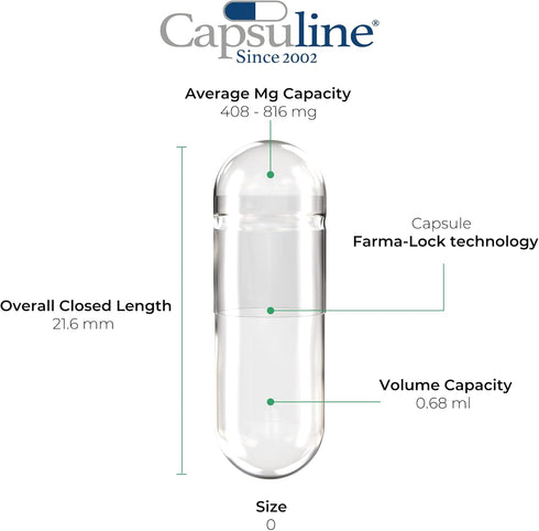 Capsuline Size 0 Empty Gelatin Capsules, Clear - 100 Count | Gluten Free, Kosher, Non-GMO Certified | Pure Bovine Pill Caps for DIY Supplement Filling