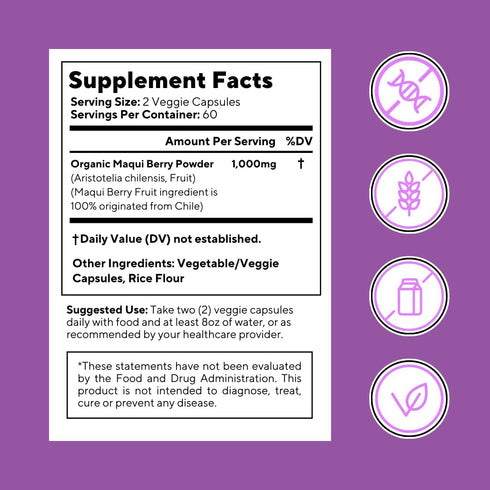 Maqui Berry Powder Supplement 1000mg - Vegan Friendly, Non-GMO, Gluten-Free - 120 Veggie Capsules