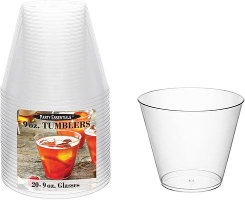 Party Essentials Disposable 9 oz Party Punch Cups, 20 Count, Clear, Old Fashioned Tumblers