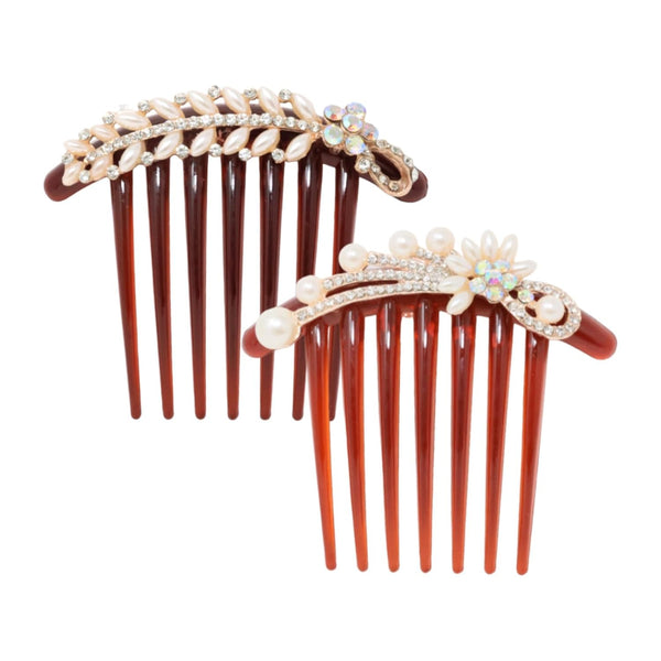 Honbay 2PCS 7 Teeth Hair Side Combs - Pearl Crystal Rhinestone Floral Twist Combs, Decorative Hair Accessories for Women