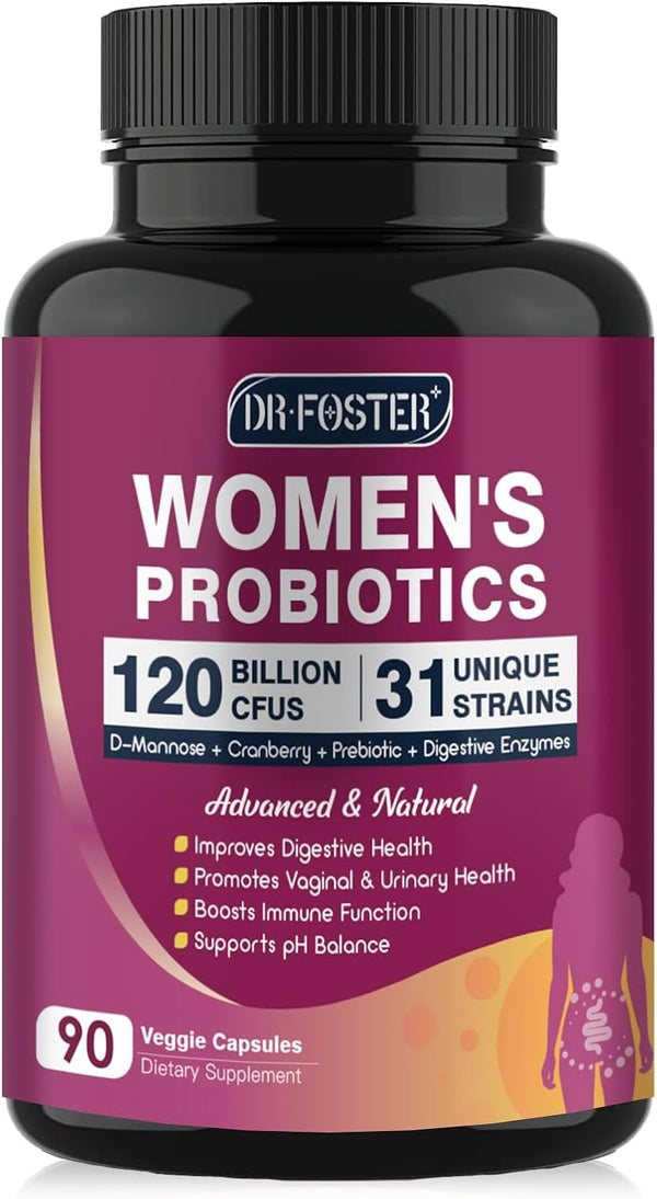 Probiotics for Women, 120 Billion CFU, 90 Capsules with Digestive Enzymes & D Mannose for Urinary Health