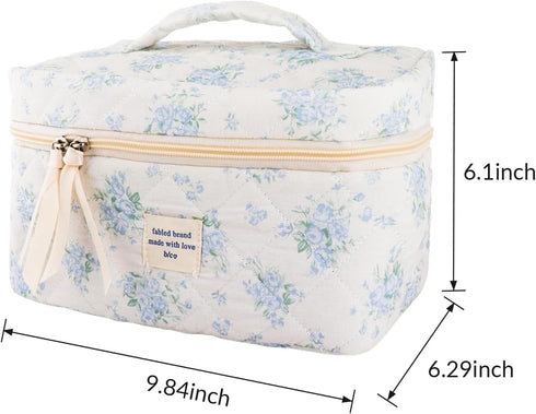 Quilted Cotton Makeup Bag - Blue Cute Floral Travel Cosmetic Bags, Large Aesthetic Skincare Pouch for Women