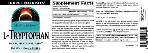 Source Naturals L-Tryptophan, 500mg, for Mood, Relaxation, and Sleep, 120 Capsules