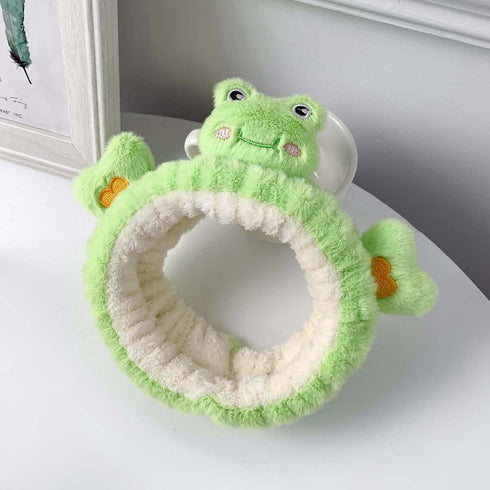 Cute Kawaii Green Frog Spa Headband for Women's Skincare, Makeup, and Washing - Soft Microfiber Coral Fluffy Towel