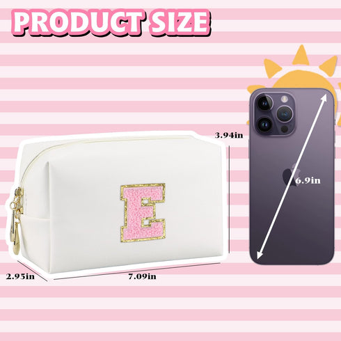 Initial Makeup Bag,Personalized preppy bag Waterproof PU Leather Chenille Letter Cosmetic Bag,Portable Travel Toiletry Bag Monogram Birthday Gift for Women Girls Mom Friends (Letter E)
