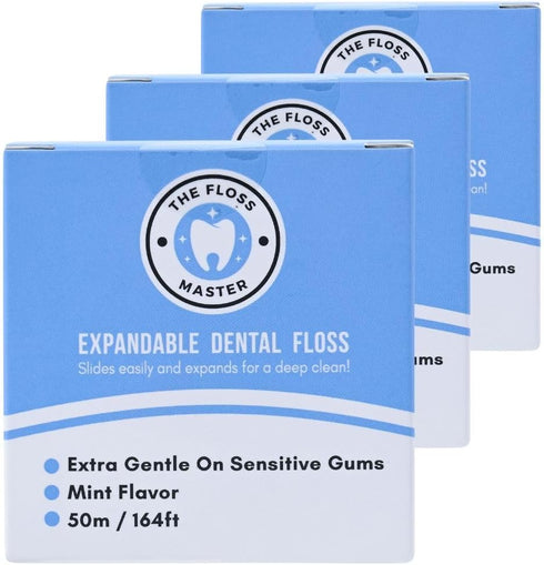 Expandable Dental Floss 3 Pack, Plastic-Free Dispenser with 50 Meter / 164 Feet per Pack, Mint Flavor