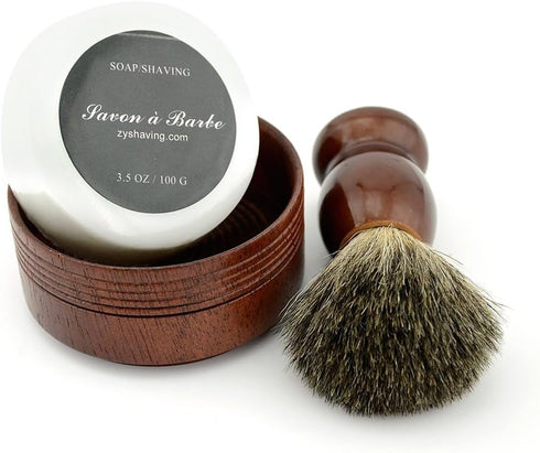 Pure Badger Hair Shaving Brush, Natural Wood Mug Bowl Hand-Made Soap Barber Set