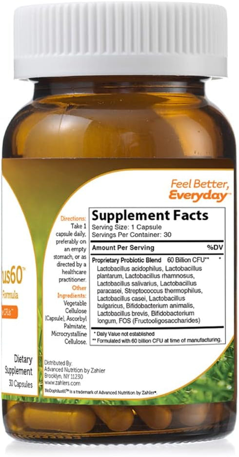 Zahler Biodophilus, 60 Billion Live Cultures Per Serving, Supports Digestive Health,Certified Kosher, 30 Capsules