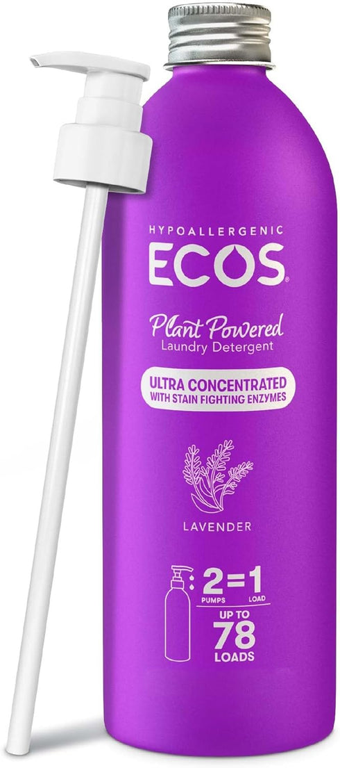 ECOS Ultra Concentrated Liquid Laundry Detergent, 16 Fl Oz, Sustainable Aluminum Bottle, Up to 78 Loads, Lavender