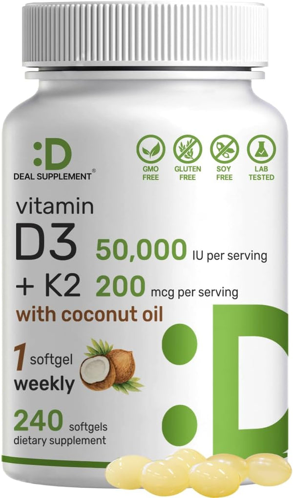 DEAL SUPPLEMENT Vitamin D3 50,000 IU + K2 MK7 - 240 Softgels with Virgin Coconut Oil for Heart & Bone Health