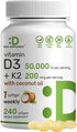 DEAL SUPPLEMENT Vitamin D3 50,000 IU + K2 MK7 - 240 Softgels with Virgin Coconut Oil for Heart & Bone Health