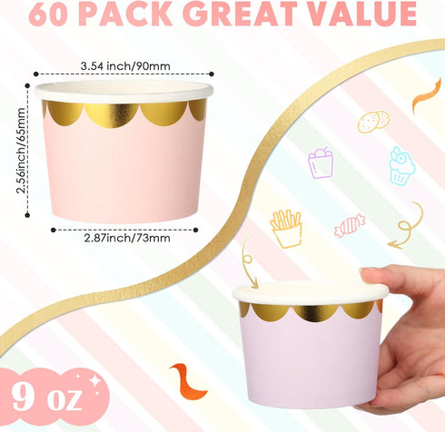Willinglong 60 Pack 9 oz Ice Cream Cups Ice Cream Bowls Disposable Snack Paper Bowls Cupcake cups Party Supplies