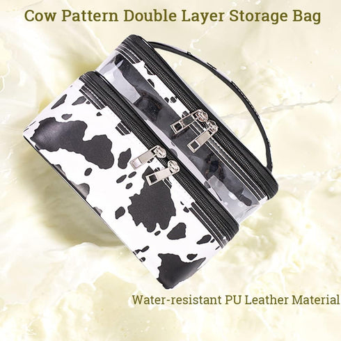 FITINI 3 Pieces Double Layer Makeup Bags, Large White Cows Waterproof Cosmetic Cases for Women Makeup Storage