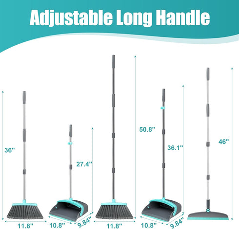 Upgrade Broom and Dustpan Set, Silicone Broom,Long Handle Broom with Upright Standing Dustpan, Squeegee - Broom for Indoor Cleaning 2+1,for Indoor Outdoor,Smooth Floors, Rugs (Green-Grey) by MICHAO