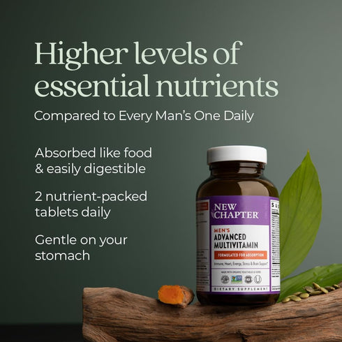 New Chapter Men's Multivitamin Advanced Formula, 120 ct, for Stress, Brain, Immune, Heart & Energy Support, B Vitamins,