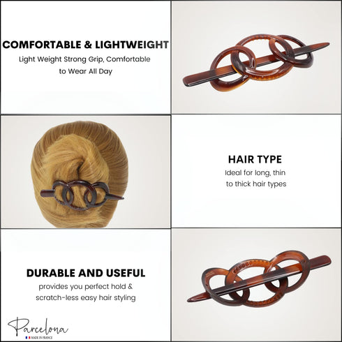 Parcelona French Triple Ringed 3.5" Celluloid Hair Slider Pin Thru Holder Barrette for Women, Tortoise Shell