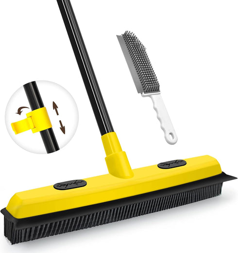 Rubber Broom with Squeegee, 52.8 inches Long Handle, Pet Hair Removal Tool, Portable Lint Brush for Carpet, Tile,
