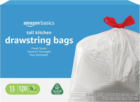 Amazon Basics Flextra Tall Kitchen Drawstring Trash Bags, 120 Count, 13 Gallon, Clean Fresh Scent, 10% Recycled Content